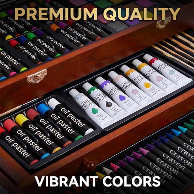 TMOL Art Supplies, 175-Pack Deluxe Art Set Drawing Painting Kit with 2 Drawing Pads, Acrylic Paints, Colored Pencils, Crayons, Art Kit in Wooden Case, Gift for Artist, Adults, Teens and Kids