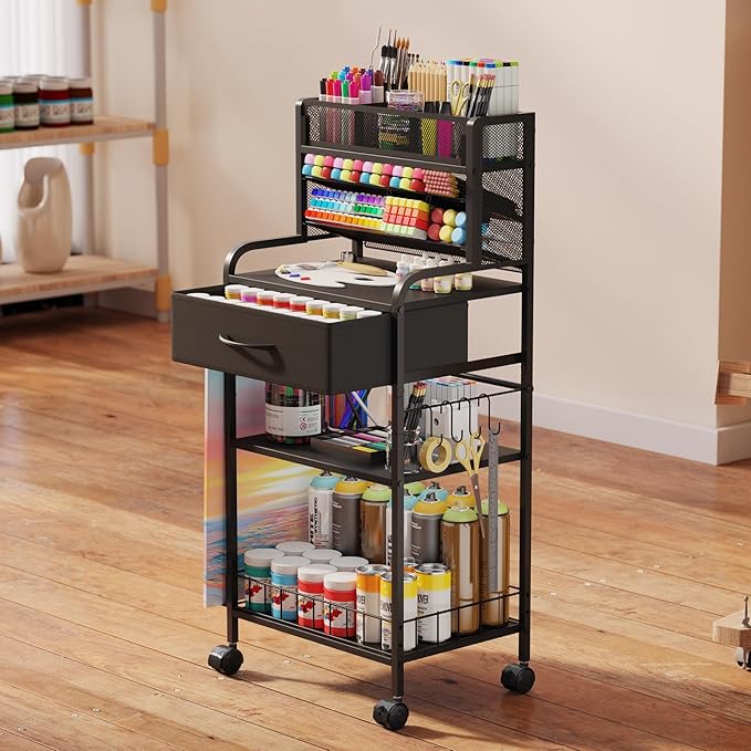 Homsorout Art cart, 3 Tier Rolling Cart - Utility Cart with Storage Drawer and Wheels, Versatile Art & Craft Organizer for Home, Office, or Studio Ideal for Storing Brushes, Paints (Black)