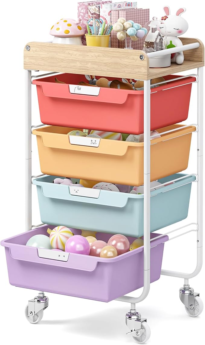 Rolling Craft Storage Cart with 4 Drawers,Utility Cart with Drawers,Art Craft Organizers and Storage,Kids Craft Cart,Kids Art Cart With DIY Lable and Wooden Tabletop Area,Jelly Bean Color