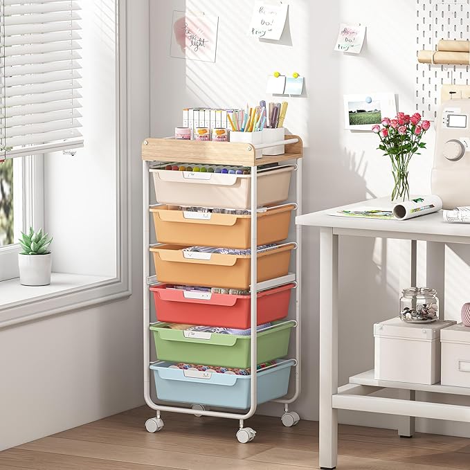 6 Drawer Rolling Cart for Craft Storage,Utility Drawer Organizer with Handle and Wooden Top,Storage on wheels for Office, Classroom,Laundry,Garage,Snack,Art Supply,Rainbow