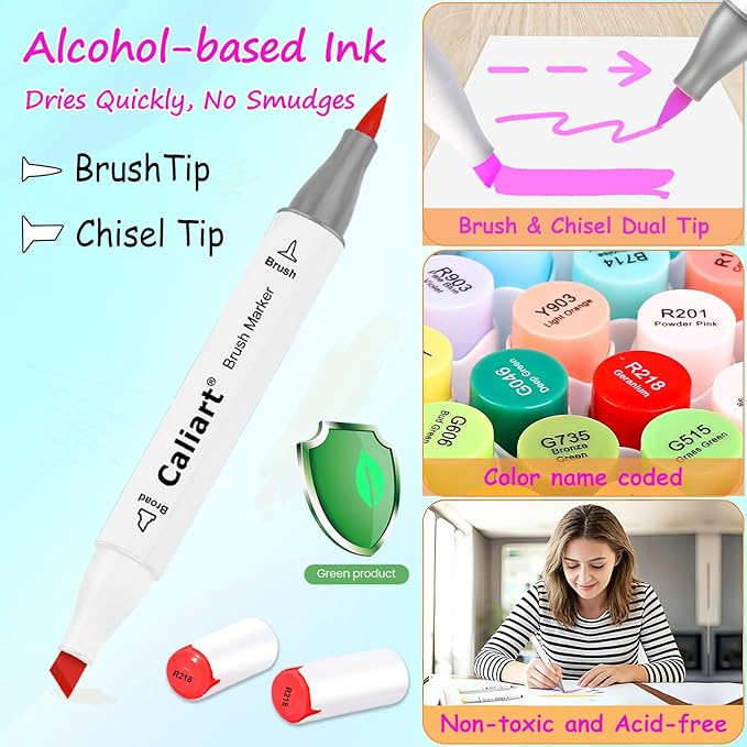 Caliart 101 Colors Alcohol Markers Brush Tip, Dual Tip Brush & Chisel Permanent Art Markers for Adult Coloring Books, Drawing, Sketching, Illustration, with Carrying Case for Artists & Beginners