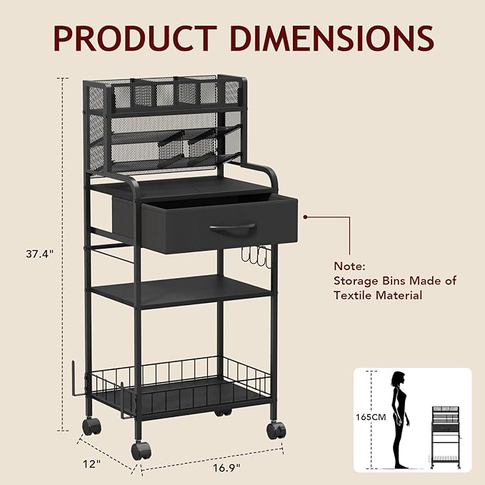 Homsorout Art cart, 3 Tier Rolling Cart - Utility Cart with Storage Drawer and Wheels, Versatile Art & Craft Organizer for Home, Office, or Studio Ideal for Storing Brushes, Paints (Black)