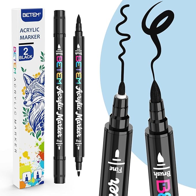 Betem Dual Tip Acrylic Paint Pens, 2 Black Paint Markers for Glass, Window, Fabric, Wood, Rock, Canvas, Acrylic Markers with Fine & Brush Tip, Art & Craft Supplies, Teacher Appreciation Gift