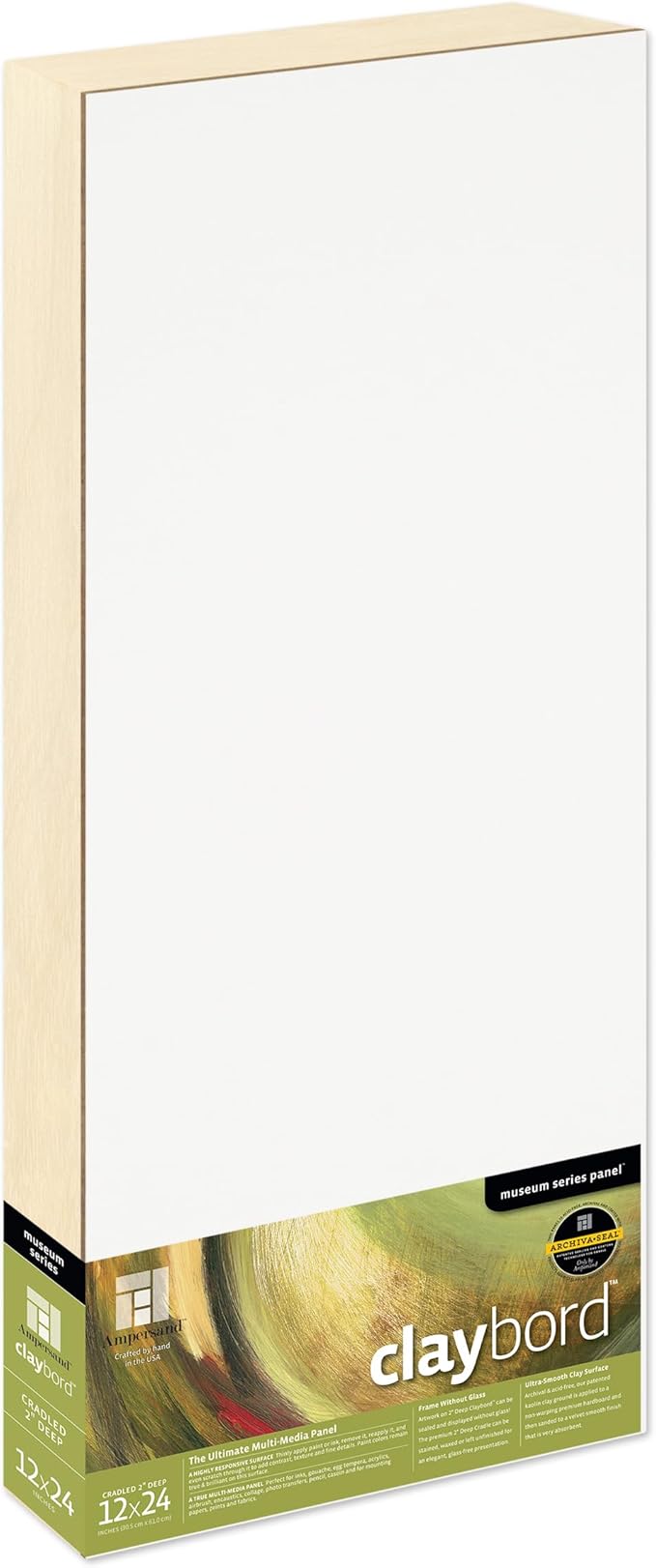 Ampersand Art Supply Claybord | 12" x 24" | 2" Cradled Profile | Kaolin Clay Painting Panel for Acrylic, Ink, Watercolor & Mixed Media | Canvas & Paper Alternative