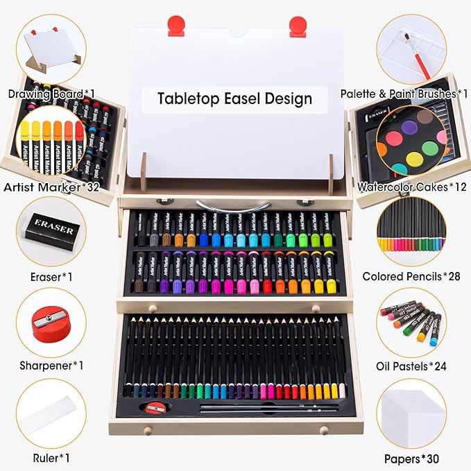 Art Supplies, Wooden Art Set Crafts Kit with Drawing Easel, Deluxe Kids Art Set, Oil Pastels, Colored Pencils, Watercolor Cakes, Creative Gift for Kids, Teens, Beginners Girls Boys