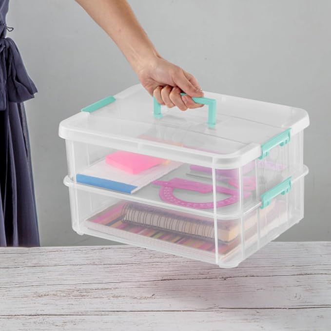 Sterilite 16-Pack Stack & Carry, 2 Layer Handle Box for Home & Office Storage - Clear Base & Lid with Color Latches, Organizer for Art & Craft Supplies, Sewing Tools or 8.5" x 11" Paper