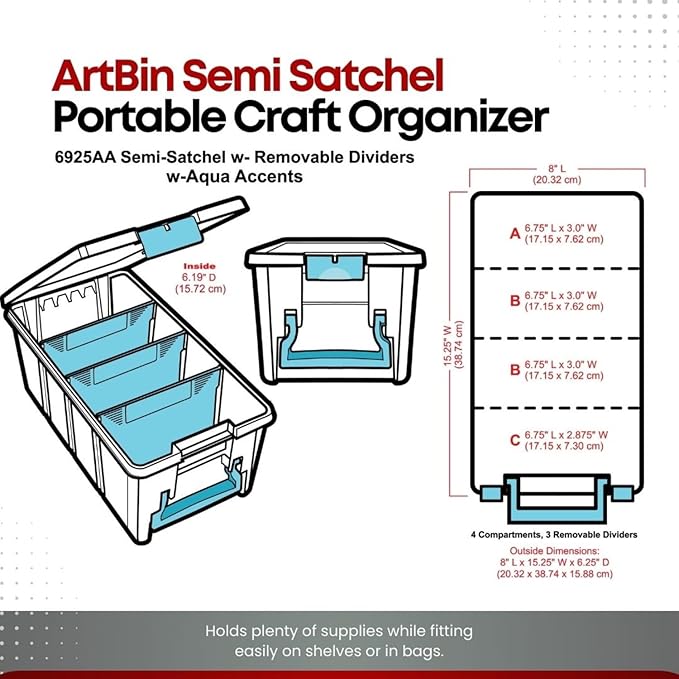 ArtBin 6925AA Semi Satchel with Removable Dividers, Portable Art & Craft Organizer with Handle, [1] Plastic Storage Case, Clear - Aqua Accents (Pack of 4)