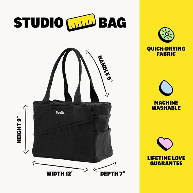 Soolla Studio Bag: Pottery Tool Bag & Craft Storage, Art Supply Organizer, Washable Tote, Knitting Yarn Carrier, Crochet Projects, 30 Pockets, 20+ Canvas Colors, Gift For Artists & Teachers (Blackout)