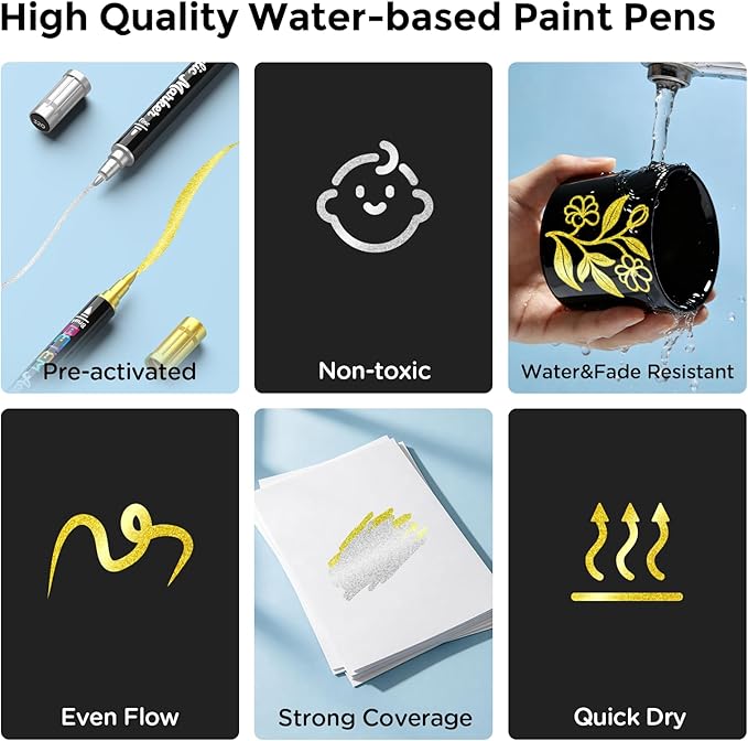 Betem Dual Tip Acrylic Paint Pens, Gold & Silver Paint Markers for Glass, Window, Fabric, Wood, Rock, Canvas, Acrylic Markers with Fine & Brush Tip, Art & Craft Supplies, Teacher Appreciation Gift