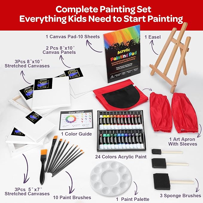 59pcs Acrylic Paint Set - Art Supplies Kit with 24 Non-Toxic Paints, Easel, Brushes, Canvas for Kids, Artists and Beginners, Red