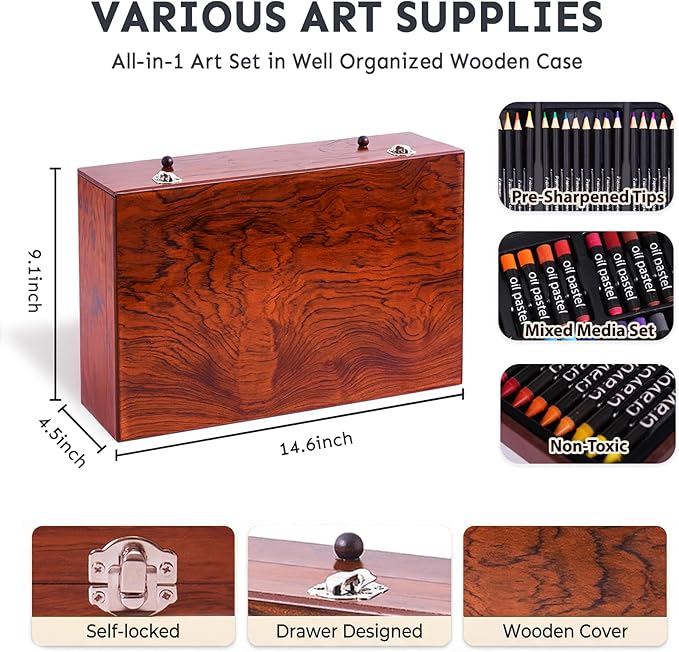 TMOL Art Supplies, 175-Pack Deluxe Art Set Drawing Painting Kit with 2 Drawing Pads, Acrylic Paints, Colored Pencils, Crayons, Art Kit in Wooden Case, Gift for Artist, Adults, Teens and Kids