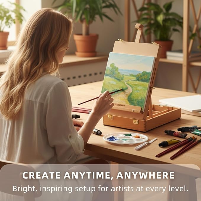 Falling in Art Beechwood Easel Box Set, 27 Pcs Tabletop Acrylic Paint Set, Portable Display Easel Stand with 12 Acrylic Paints, Canvas Panels and Brushes, Suitable for Beginners and Professionals