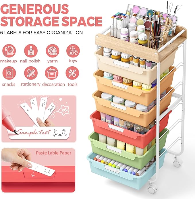 SYKIARIOL Rolling Cart with 6 Drawers,Utility Storage Cart with Drawers,Art Craft Organizers and Storage,Makeup Organizer with Wooden Tabletop,Rainbow