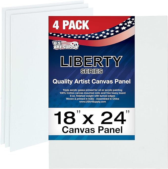 U.S. Art Supply 18 X 24 Inch Art Canvas Board Panels 4 Pack - 8 Ounce Heavyweight Cotton Acid Free Canvases for Painting Acrylics and Watercolor (1 Case of 4 Single Canvas Painting Panels)