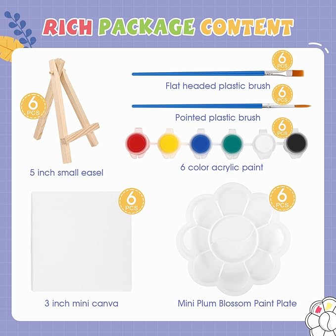 ESRICH 6 Set Mini Acrylic Paint Kit, Minis Stretched Canvas with Easel, Acrylic Paint Strips, Paint Palettes, Painting Brushes, Mini Canvas and Easel Set for Kids Artists Beginner, Gift