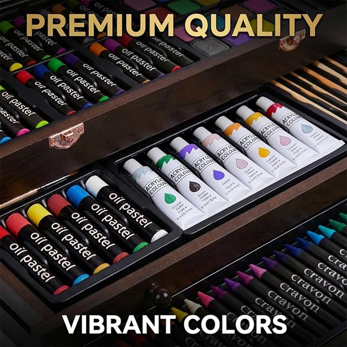 175-Pack Deluxe Wooden Art Set Drawing Painting Kit with 2 Drawing Pads, Acrylic Paints, Colored Pencils, Crayons, Paint Brush, Art Kit in Wooden Case, Gift for Artist, Adults, Teens and Kids