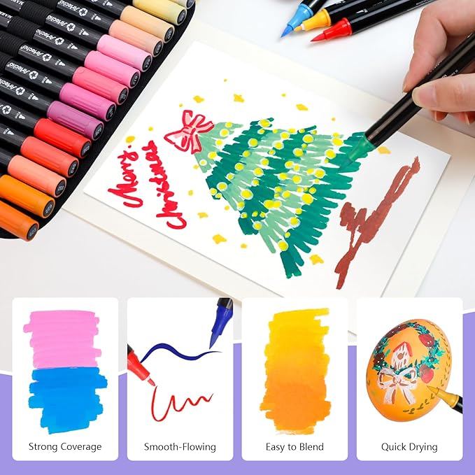 Artecho Acrylic Paint Markers 48 Colors with Bag, Acrylic Paint Pens with Brush Tip and Fine Tip for Stone, Rock Painting, Paper, Pumpkin, Wood, Egg, Canvas, Ceramic, Fabric, leather, Glass