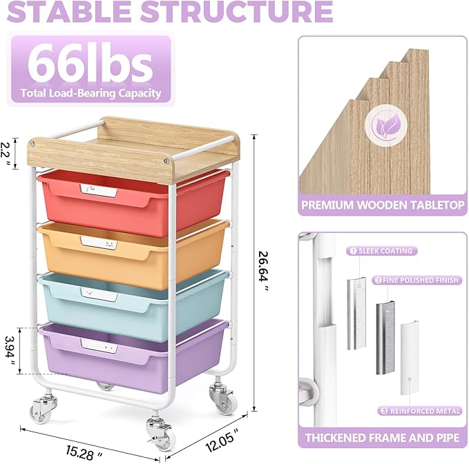 Rolling Craft Storage Cart with 4 Drawers,Utility Cart with Drawers,Art Craft Organizers and Storage,Kids Craft Cart,Kids Art Cart With DIY Lable and Wooden Tabletop Area,Jelly Bean Color