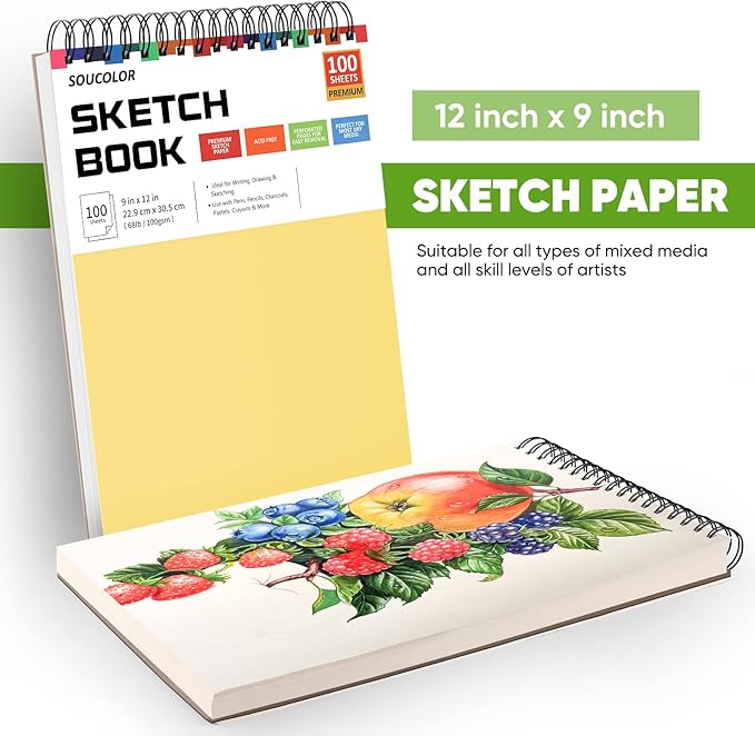 College Graduation Gifts, Nursing Student Essentials, Teacher Appreciation Gifts, Soucolor 9" x 12" Yellow Sketch Book, 1-Pack 100 Sheets Spiral Bound Drawing Paper