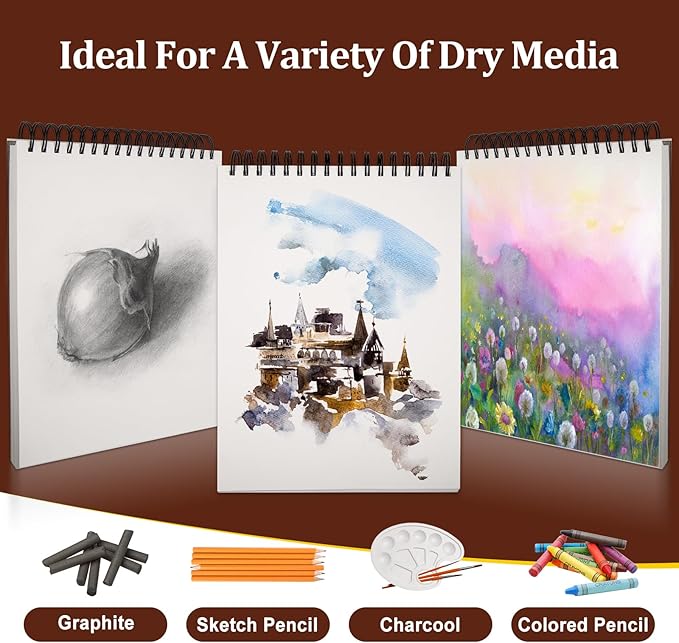 TKOOFN 5 Pack 8.5" x 11" Sketch Book Bulk (300 Sheet Total), Top Spiral Bound Premium Sketchbook Drawing Pads(68lb/100gsm), Acid-Free Painting Paper Drawingbook for Adults Kids Artists Beginners