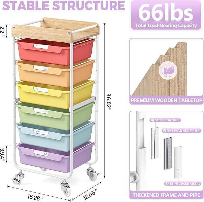 SYKIARIOL 6 Drawer Rolling Cart for Craft Storage,Utility Drawer Organizer with Handle and Wooden Top,Storage on wheels for Office,Classroom,Laundry,Garage,Snack,Art Supply