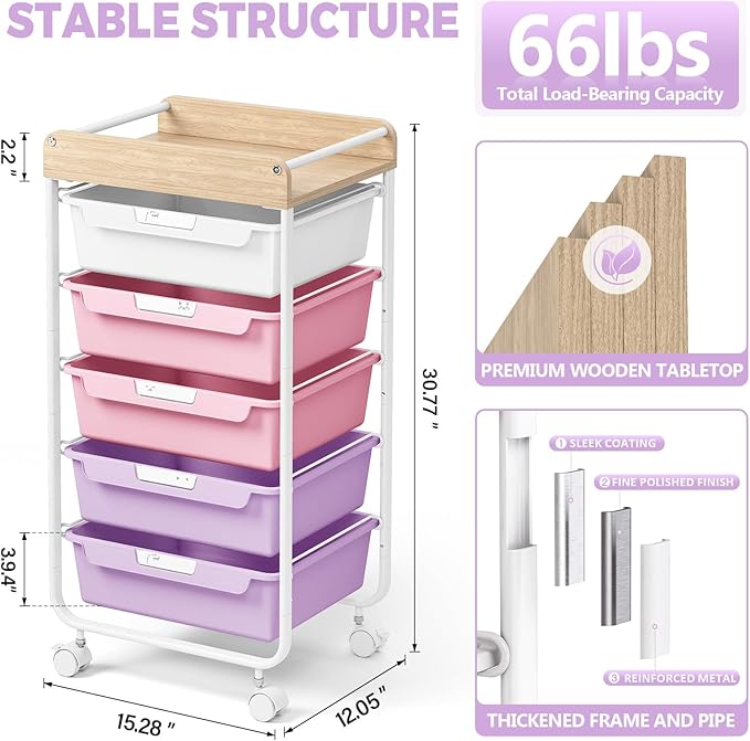 SYKIARIOL Rolling Storage Utility Cart with 5 Drawers,Craft Cart with Wheels,Makeup Organizer,Art Supply and Storage Wooden Tabletop,Purple