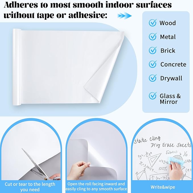 Lincia Static Cling Dry Erase Sheets, Removable Reusable Whiteboard Poster Paper for Wall, Portable White Board Dry Erase Wallpaper for School, Office Decor, Home and Art Projects (30in X 100ft)