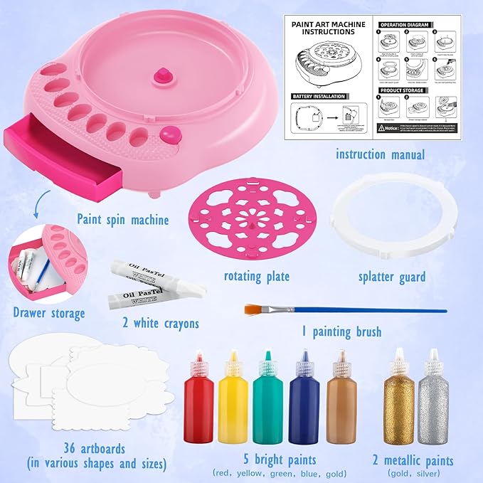 Spin Art Machine for Kids - Paint Spinner Art Craft Kit with 36 Artboards & 7 Colors - Arts and Crafts Painting Set for Boys Girls Ages 4-12, Birthday Easter Gifts for 6 7 8 9 10 Year Old（Pink）