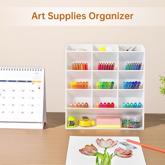BEYGORM White Acrylic Vertical Marker Organizer for 150 Markers with 13 Compartments, Angled Pen & Pencil Holder, Large Desk Stationery & Art Supply Storage for Office & School (10.2 x 9.8 x 4 Inch)