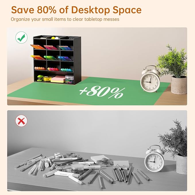 BEYGORM Acrylic Vertical Marker Organizer for 150 Markers with 13 Compartments, Angled Pen & Pencil Holder, Large Desk Stationery & Art Supply Storage for Office & School (10.2 x 9.8 x 4 Inch)