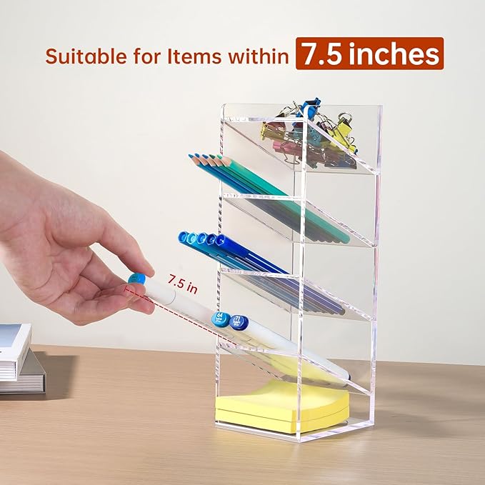 BEYGORM Acrylic Vertical Marker Organizer for 50 Markers with 5 Compartments, Clear Angled Pen & Pencil Holder, Large Desk Stationery & Art Supply Storage for Office & School (10.2 x3.3 x 4 Inch)