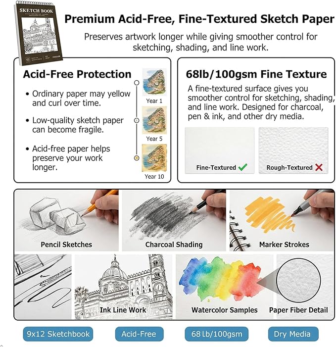 Soucolor 9" x 12" Sketch Book, 100 Sheets Spiral Bound Art Sketchbook, Acid Free Artist Drawing Book Paper,Sketch Book for Kids, Craft Activities, Sketch Paper for Drawing Coloring Sketching