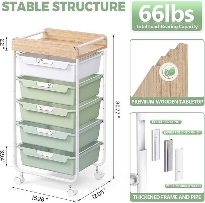 SYKIARIOL Rolling Storage Utility Cart with 5 Drawers,Craft Cart with Wheels,Makeup Organizer,Art Supply and Storage Wooden Tabletop,Green