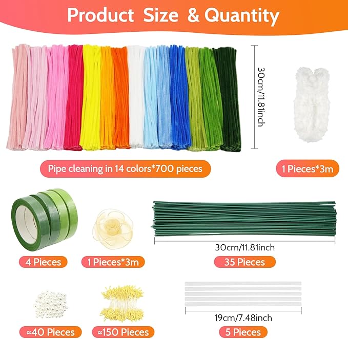 beanicus 700 PCS Pipe Cleaners Craft, Pipe Cleaners Flowers Kit with Handle, 14 Colors Chenille Stems with 18 Flowers Instruction, Art and Craft Supplies