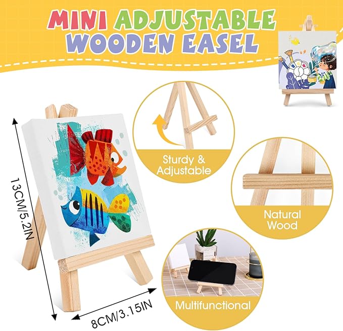 ESRICH 12 Set Mini Acrylic Paint Kit, Minis Stretched Canvas with Easel, Acrylic Paint Strips, Palettes, Painting Brushes, Mini Canvas and Easel Set for Kids Artists Beginner,Gift