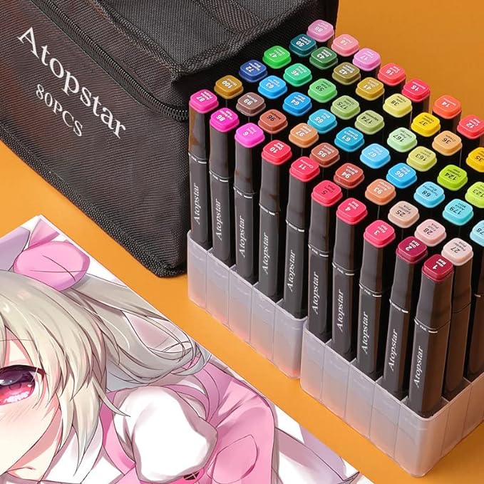 ATOPSTAR 80 Colors Alcohol Markers Artist Drawing Art for Kids Dual Tip Adult Coloring Painting Supplies Perfect Boys Girls Students Adult(80 Black Shell)