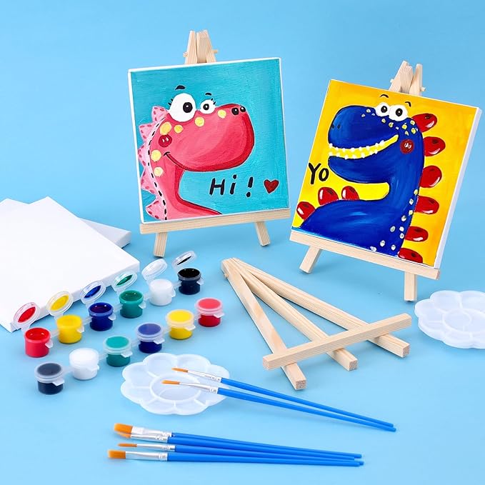 ESRICH 8 Set Mini Acrylic Paint Kit, 5in Mini Stretched Canvas with 7.5in Easel, Acrylic Paint Strips, Paint Palettes, Painting Brushes, Small Canvas and Easel Set for Kids Artists Beginner, Gift