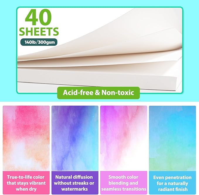 Soucolor 40 Sheets Watercolor Paper Pad, 9"x12" Water Color Paper, 140lb/300gsm Artist Painting Drawing Paper Book, Art Supplies for Adults, Watercolor Paint Set, Sketchbook, Journal, Notebook