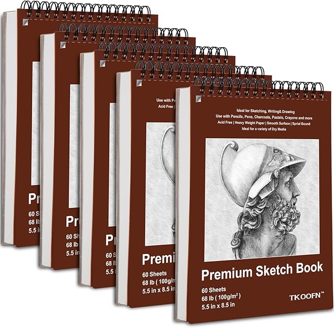 TKOOFN 5 Pack 5.5" x 8.5" Sketch Book Bulk (300 Sheet Total), Top Spiral Bound Premium Sketchbook Drawing Pads(68lb/100gsm), Acid-Free Painting Paper Drawingbook for Adults Kids Artists Beginners