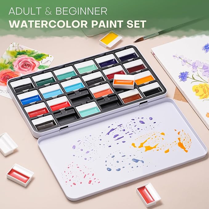 Fuumuui 24 Opaque Semi-Moist Watercolor Paint Set, Vivid Bright Professional Art Supplies with Strong Pigments & Coverage, for Artists Beginner Painters Amateur Hobbyists Painting