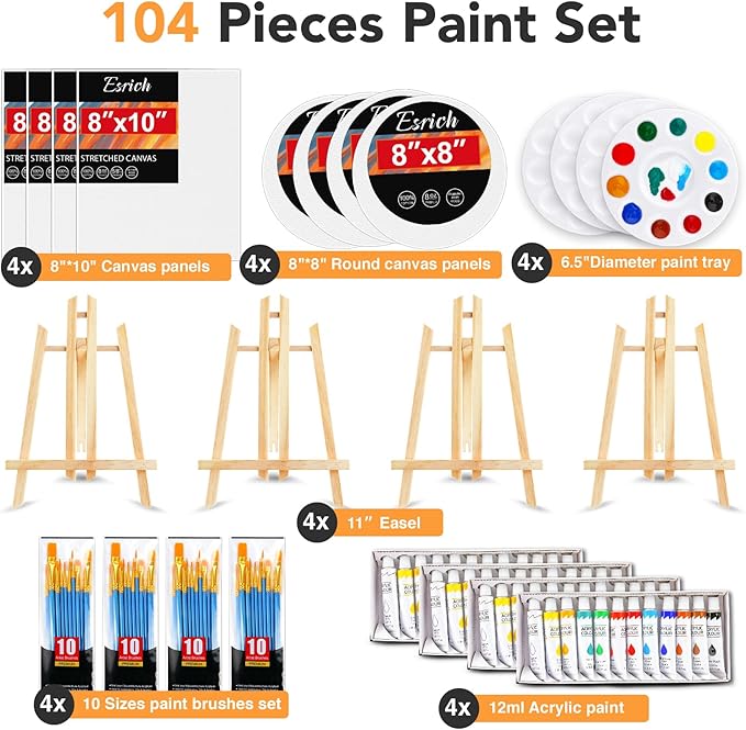 ESRICH Acrylic Paint Canvas Set,104 Piece Professional Painting Supplies Kit with 4 Wood Easel, 4 * 12Colors, 4 * 10 Paint Brushes, Canvas Etc, Premium Paint Kit for Artists Beginner