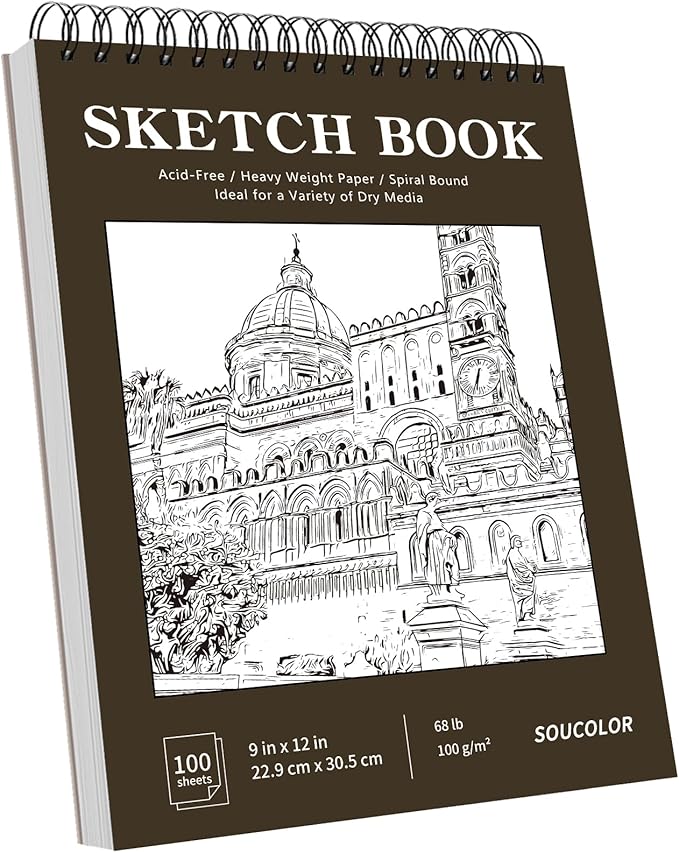 Soucolor 9" x 12" Sketch Book 100 Sheets, Acid Free (68lb/100gsm) Artist Drawing Paper Book Painting Sketching Pad, Classroom Must Haves Supplies for Teacher Student, Back to School Supplies