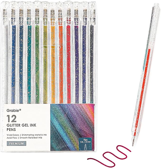 Grabie Capped Glitter Gel Pens, 12 Colors Metallic Sparkle Gel Ink Pens for Adult Coloring Books, Drawing, Journaling & DIY Crafts, Vibrant Neon & Colored Gel Pens, Smooth Writing Art Pens