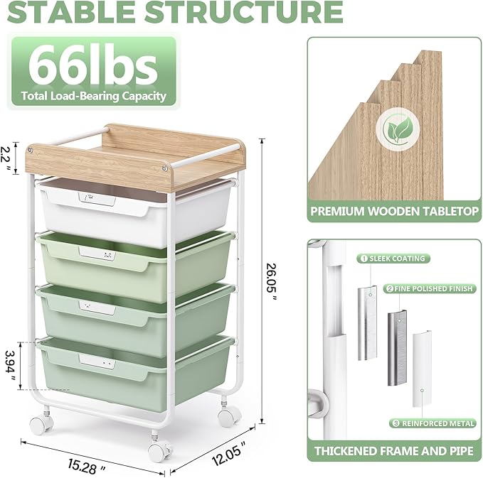 SYKIARIOL Rolling Storage Utility Cart with 4 Drawers,Kids Craft Art Cart,Makeup Organizer and Storage with Wooden Tabletop,Green