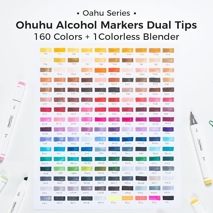 Ohuhu Alcohol Markers - 160-color AP Certificated Double Tipped Art Marker Set for Artist Adults Cozy Coloring Sketch Illustration - Chisel and Fine Dual Tips - Oahu of Ohuhu Markers - Refillable
