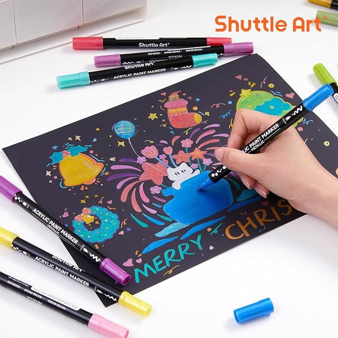 Shuttle Art 28 Metallic Colors Dual Tip Acrylic Paint Markers, Dot Tip and Fine Tip Acrylic Paint Pens for Rock, Ceramic, Wood, Canvas, Plastic, Glass, Stone, Calligraphy, Card Making, DIY Crafts