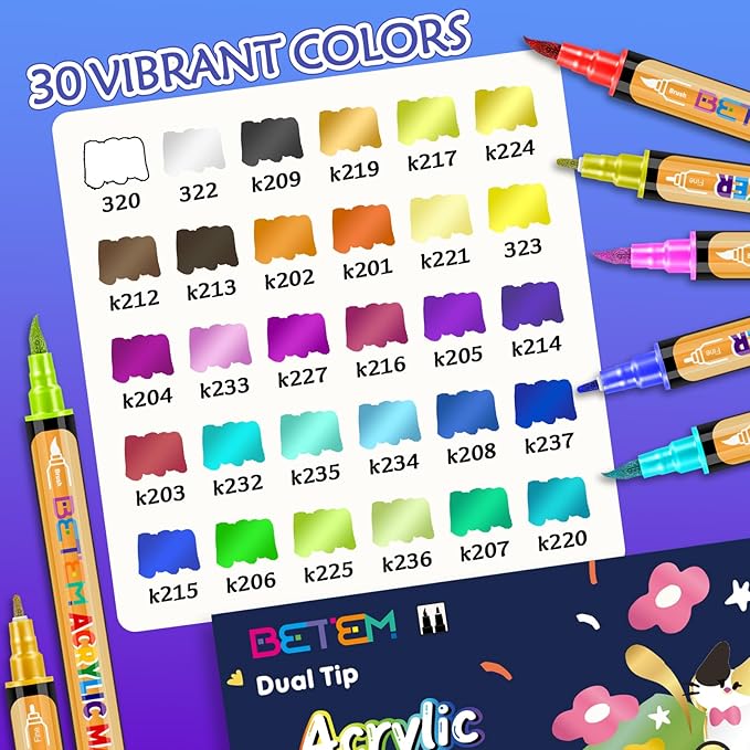Betem Dual Tip Acrylic Paint Pens, 30 Metallic Paint Markers for Glass, Window, Fabric, Wood, Rock, Canvas, Acrylic Markers with Fine & Brush Tip, Art & Craft Supplies, Teacher Appreciation Gift