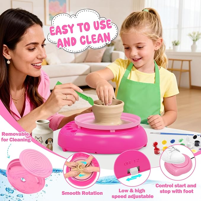 Pottery Wheel for Kids Complete DIY Pottery Painting Kit, Arts and Crafts for Kids Ages 8-12 with 3 Air-Dry Clay Packs and Tools, Art Supplies Toys Birthday Easter Gift for Boys Girls 6+ Years Old