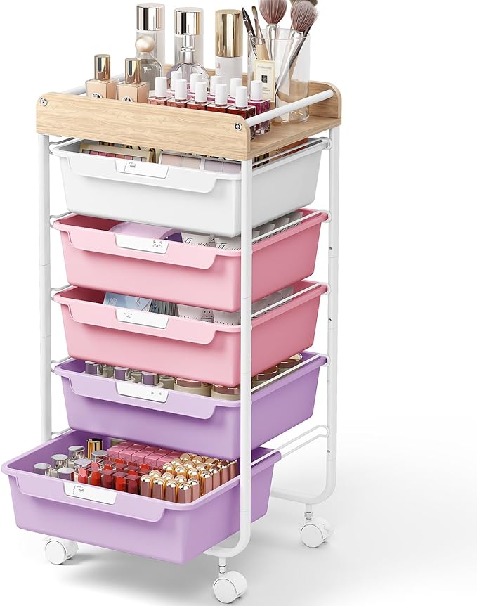 SYKIARIOL Rolling Storage Utility Cart with 5 Drawers,Craft Cart with Wheels,Makeup Organizer,Art Supply and Storage Wooden Tabletop,Purple