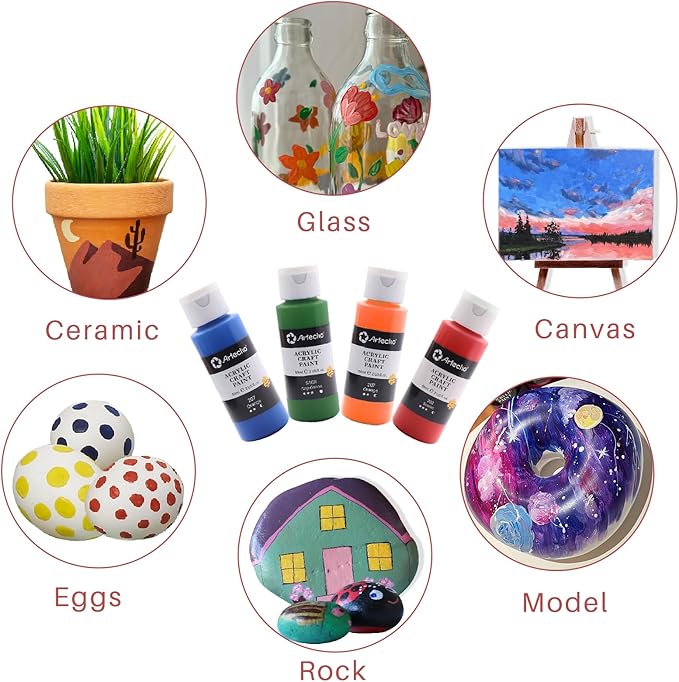 Artecho Acrylic Paint Set 24 Colors 2oz/59ml with 12 Brushes, Art Craft Paints Kit, Paint for Canvas, Rocks, Wood, Fabric, Ceramic and Art Supplies, Non Toxic Paint for Artists and Beginners